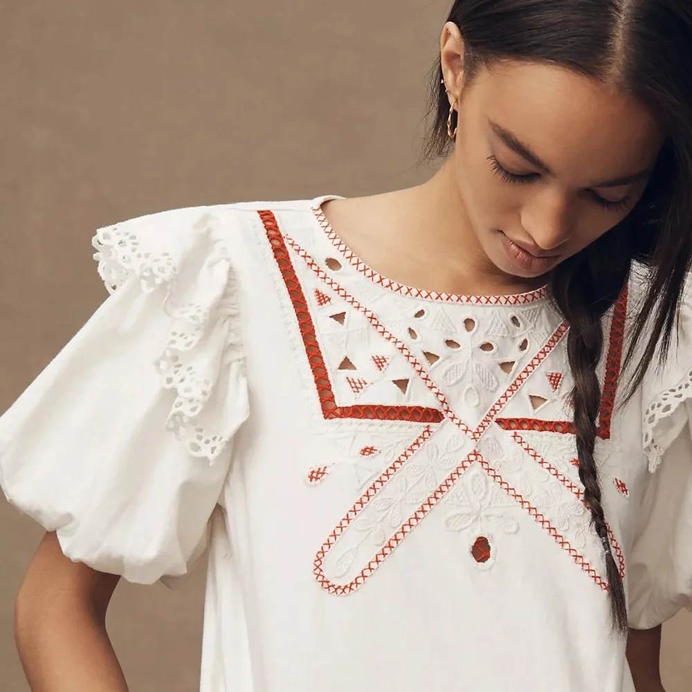 Puff-Sleeve Cutwork Embroidery Top